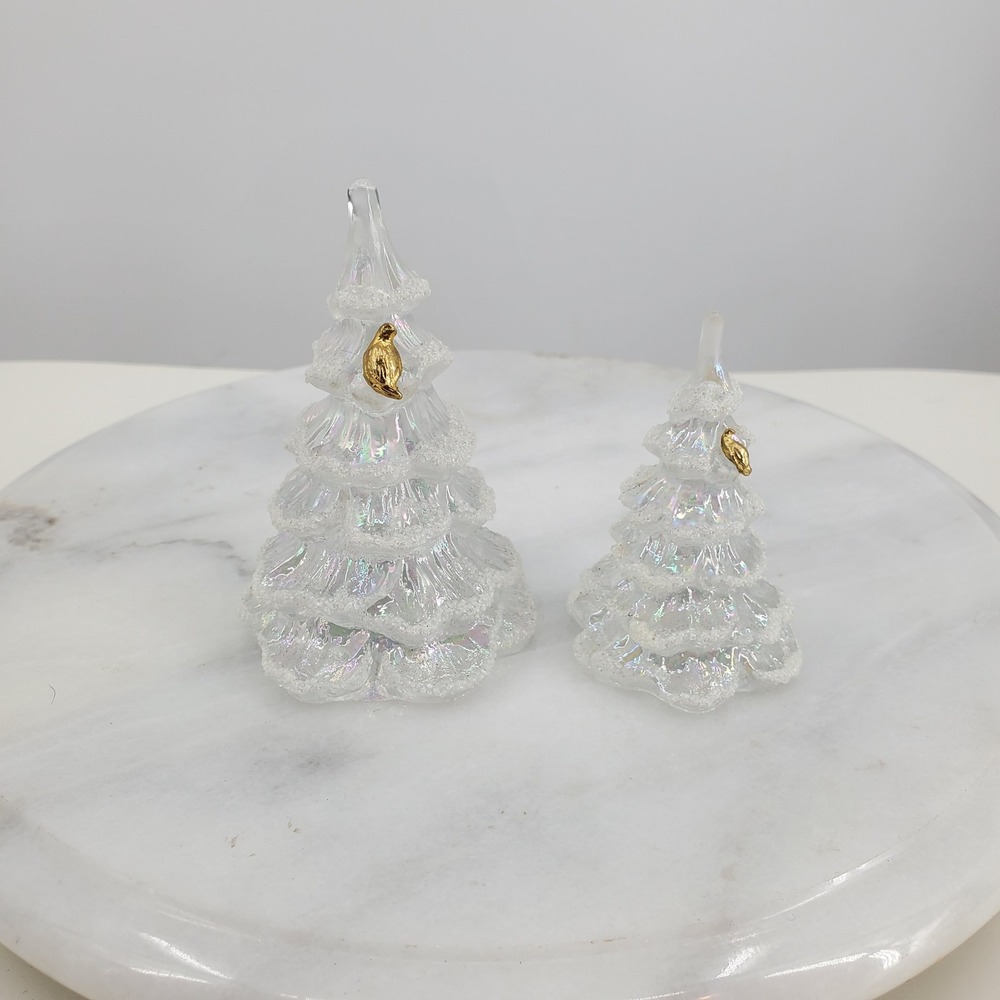 Vintage Fenton Set of 2 Iridescent Glass Christmas Trees Bird Flock Frosting